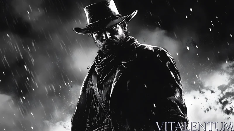 Lone cowboy figure stands in heavy rain under storm clouds