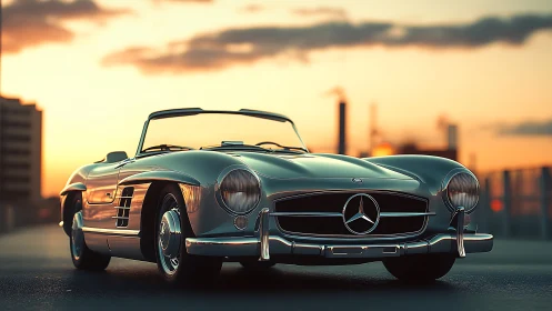 Sunset drive with a timeless silver classic roadster.