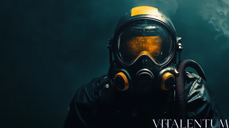 Mysterious explorer in a glowing gas mask meets the mist.