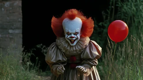 Sinister clown stalks meadow shadows with lone red balloon.