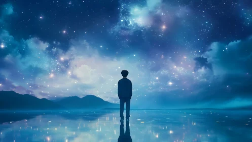 Digital painting of lone figure on reflective starfield horizon.