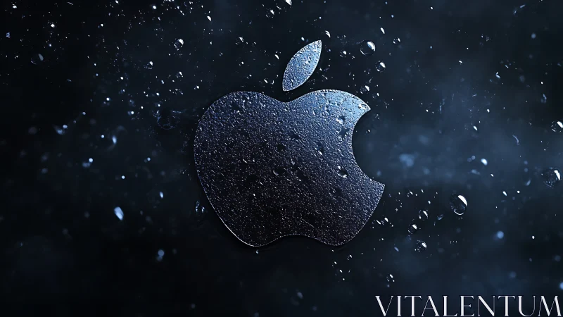 Metallic apple-shaped logo with water droplets on dark field.
