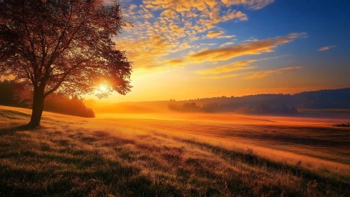 Radiative dawn gradient over misted pasture horizon field.