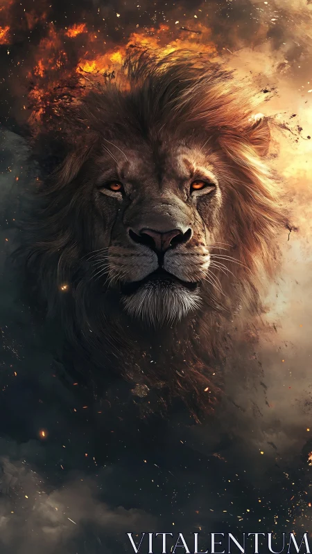 Majestic lion emerges from swirling fire and smoke.