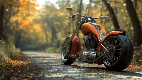Custom chopper motorcycle on autumn forest roadway, low angle.