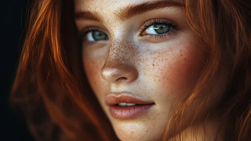 Close-up portrait of red haired woman with freckles.