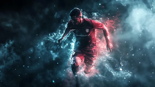 Digital soccer player sprint in glowing smoky energy field.