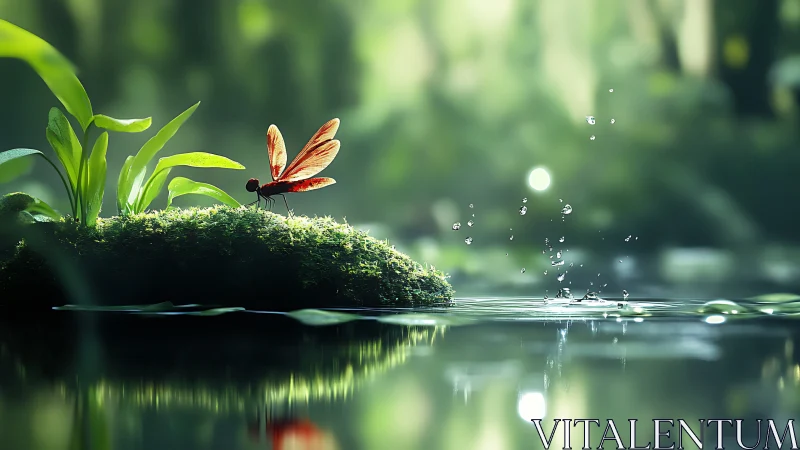 Red dragonfly on mossy bank beside calm forest water.