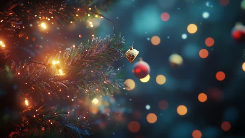 Golden bauble on illuminated fir branch with festive bokeh glow.