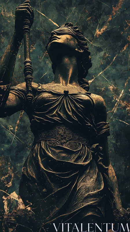 Blindfolded female justice statue rendered in upward view