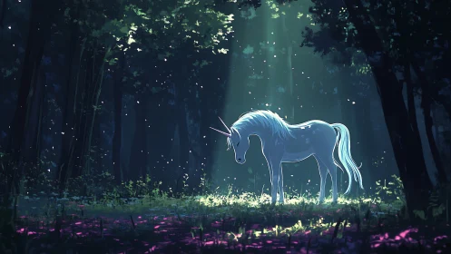 Moonlit unicorn pauses where forest shadows forget time