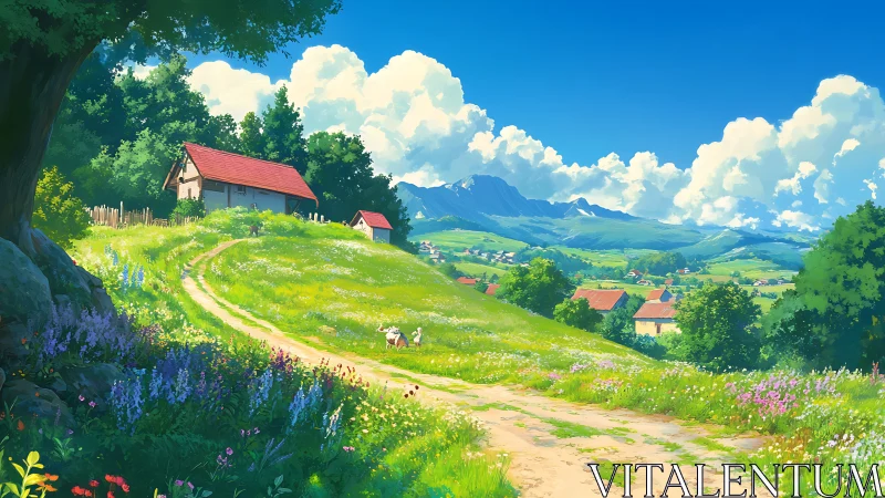 Rural hillside path with village, fields and distant mountains.