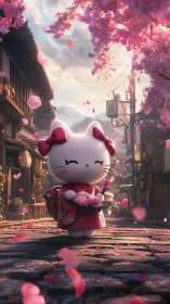 Cartoon cat figurine under cherry blossoms on stone street.