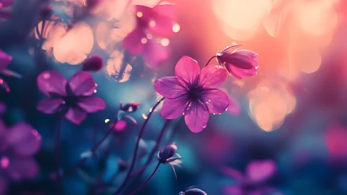 Digital rendering of pink flowers with depth of field and bokeh effects