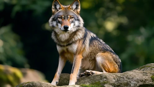 Gentle forest wolf resting watchfully on sunlit stones.