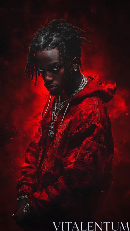 Crimson smoke crowns the brooding figure in molten spotlight