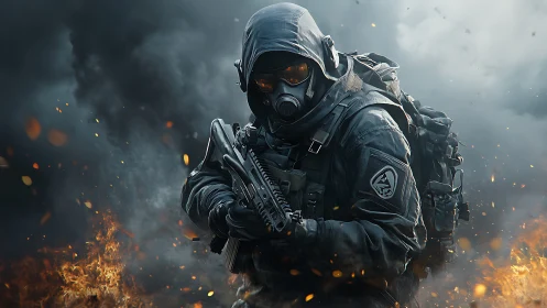 Smoky battlefield frames a focused tactical soldier in motion