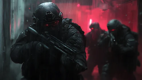 Tactical operators advance through neon-lit corridor under fire.