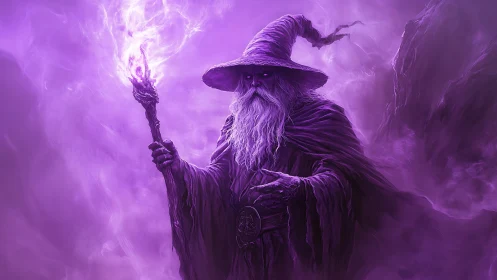 Purple cloaked wizard holds glowing staff in misty void