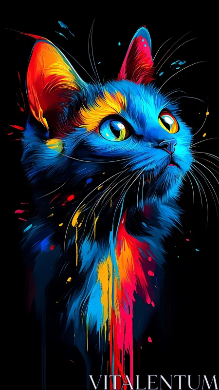 Multicolor feline portrait on black abstract background.