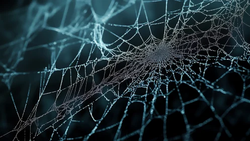 Spiderweb covered in dew drops under cool backlighting.