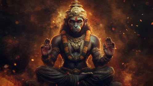 Hyperreal simian deity in lotus pose with ember-lit aura