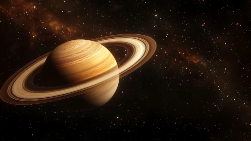 Ringed giant drifting through ember-lit cosmic hush.