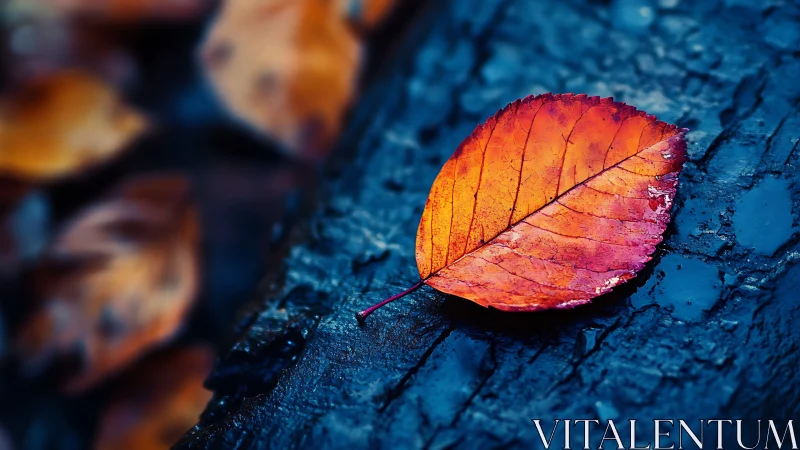 Orange autumn leaf rests on wet dark tree bark