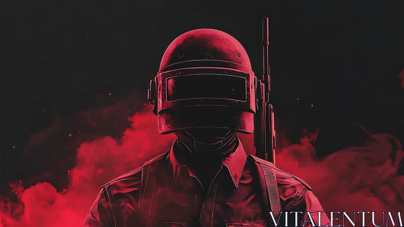 Vivid red gamer hero standing bold in swirling battle fog.