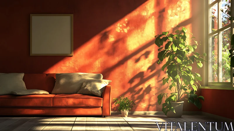Sunlit corner sofa and plants in a cozy amber living room.