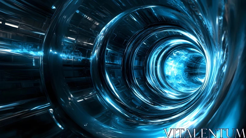 Futuristic glowing blue tunnel with metallic reflections, digital art.