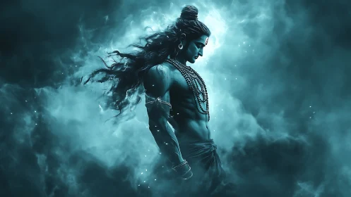 Mythic warrior in teal ethereal smoke illumination.