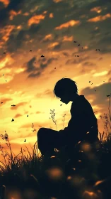 Sunset solitude folds a quiet boy into glowing meadow hush