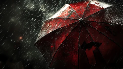 Red umbrella gleams under heavy rain in dramatic night storm.