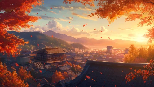 Autumn mountain town skyline with traditional rooftops at dusk.