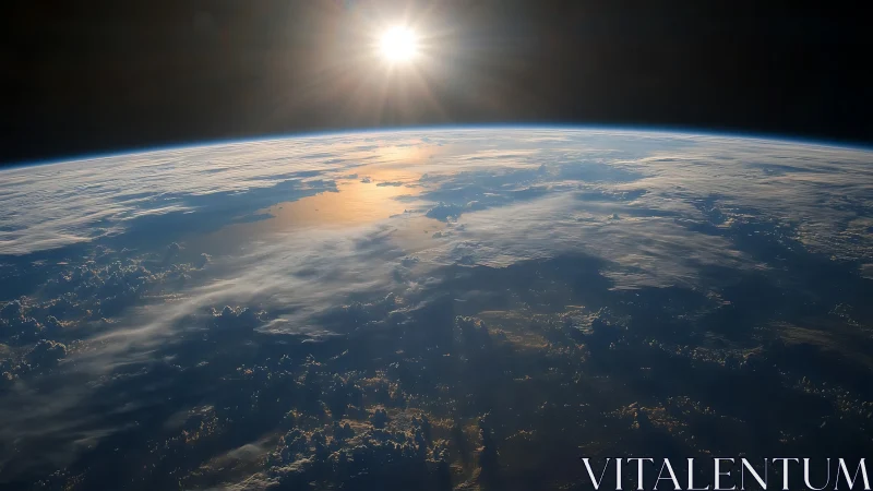 Photorealistic orbital view of Earth with radiant sunrise horizon.