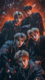 Fiery stage-ready boy group glowing in dramatic orange light.