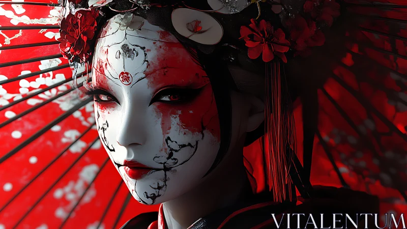 Striking geisha-inspired figure gazes calmly beneath red parasol