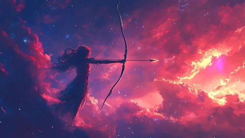 Celestial archer draws a glowing arrow across nebula skies