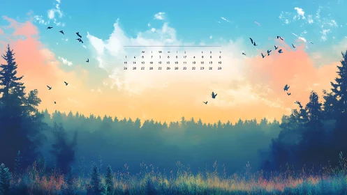 Colorful forest sunrise with birds and minimal calendar.