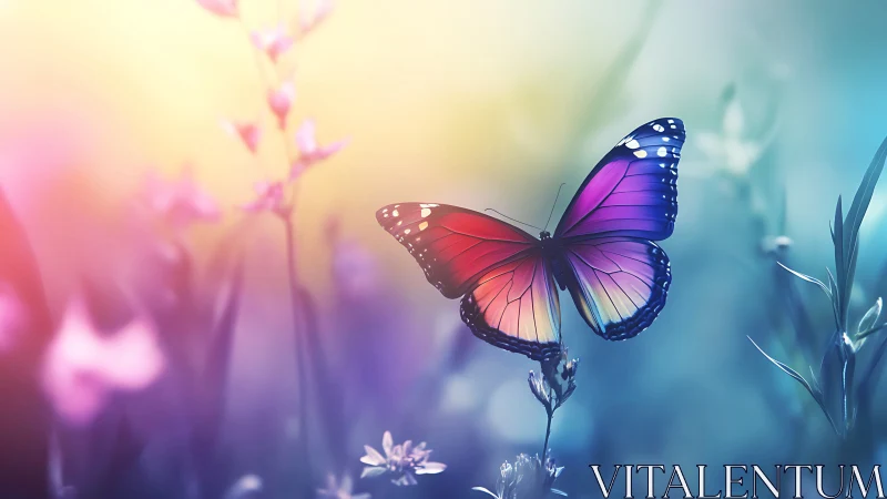 Vibrant rainbow butterfly hovers over soft focus wildflowers