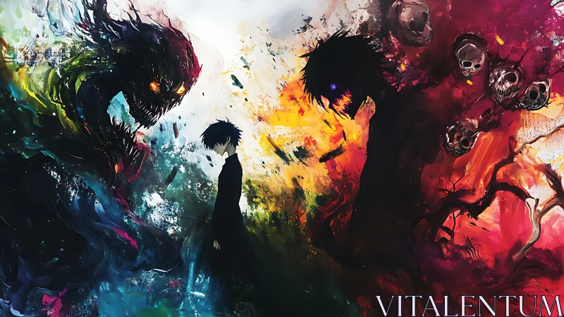 Haunted youth surrounded by swirling colorful nightmares.