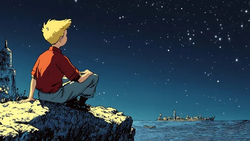 Comic nightscape with contemplative boy and coastal skyline.