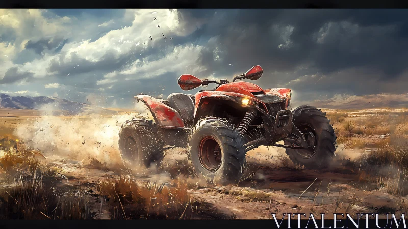 Off-road quad vehicle stressing suspension in desert storm.