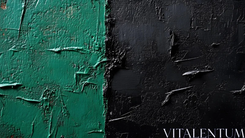 Textured abstract painting with green and black color blocks.