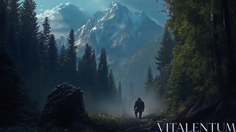 Cinematic digital landscape with lone hiker in alpine pass.