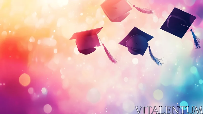 Graduation caps are depicted in motion over blurred bokeh field