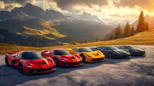 Hypercar lineup against sunlit alpine ridgeline at golden hour.