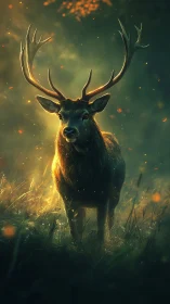 Backlit stag rendered with volumetric forest lighting and bokeh haze