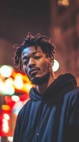 Male subject in dark hoodie under urban night lighting.